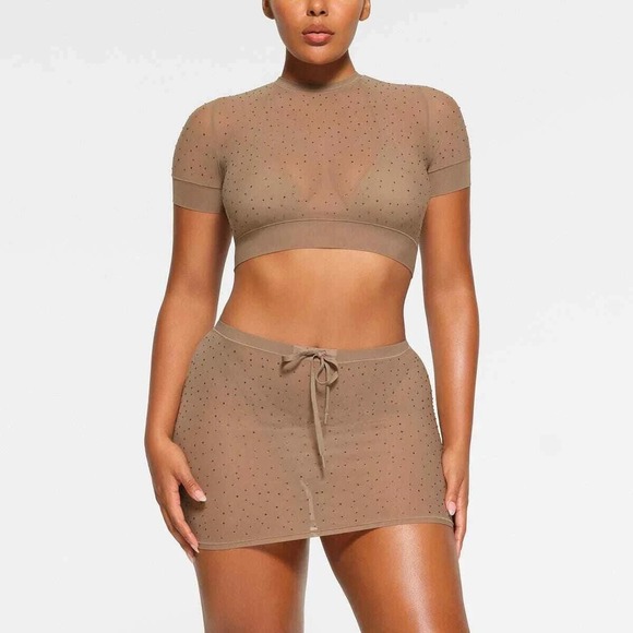 SKIMS Other - Skims Swim Cover Up Mini Skirt NWT Sheer Mesh Rhinestone Crystal Sz L Stretch